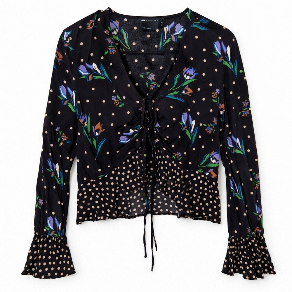 Boho ASOS Mixed Pattern Floral Polka Dot Going Top Black Bell Sleeves Festival S